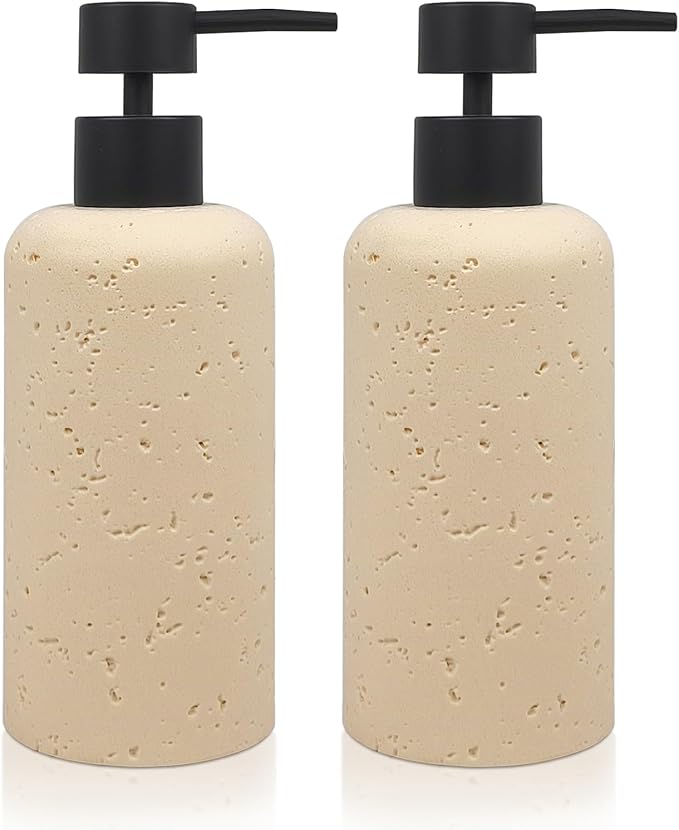 2 PCS Resin Soap Dispensers 11oz, Refillable Luxurious Hand Dish Lotion Shampoo Soap Dispenser Jar with Rust Proof Pump 340ml, Travertine Soap Pump Bottle for Kitchen Bathroom Countertop (Cream)