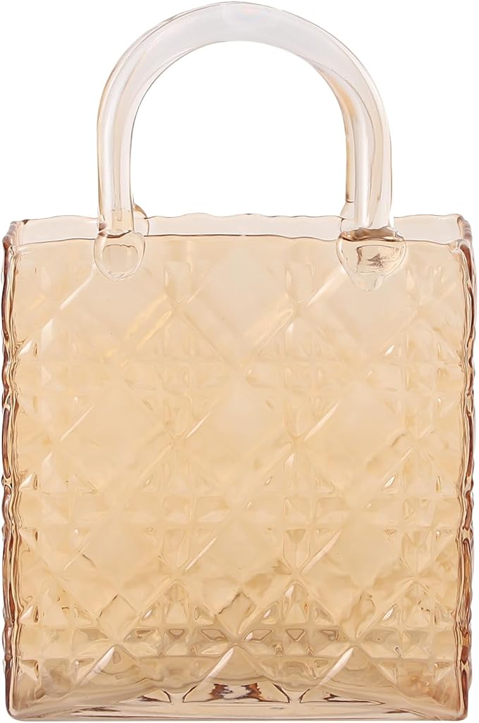 Glass Purse Vase, Glass Bag Vase, Amber Vases for Flowers, 12 Inch Large Flower Vases with Embossed Pattern for Wedding, Living Room, Bedroom, Table, Office(Tote)