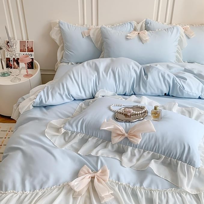 Girls Lace Bedding,Full Comforter Cover Set, Chic Ruffled Duvet Cover with Lovely Bow,Princess Style 1 Duvet Cover with 2 Pillowcases, No Comforter-Blue,Full Size
