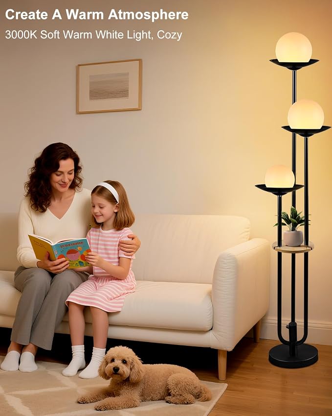 63IN Globe Floor Lamp with Table, 3-Lights Modern Dimmable Floor Lamps with 3000K Warm White Bulbs for Wedding/Party, Black Tall Standing Lamp with 5Lbs Heavy Base for Living Room/Bedroom