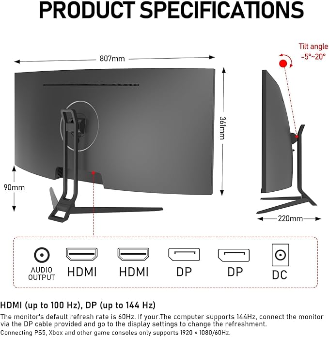 Gawfolk 34 Inch Ultrawide Curved 144Hz Gaming Computer Monitor 1500R PC Screen 21:9 UWQHD (3440x1440),Adaptive Sync,178° Viewing Angle,Display Port 1.4、HDMI 2.0,Compatible with Wall mounting -Black