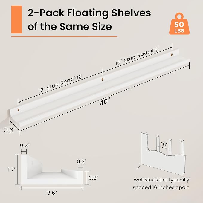 RICHFOCUS Picture Ledge Shelf, 40 inch Floating Shelves Set of 2, Wood Wall Shelves with Lip, Wall Decor Storage for Bedroom Living Room Bathroom Kitchen Nursery Photo Picture, White