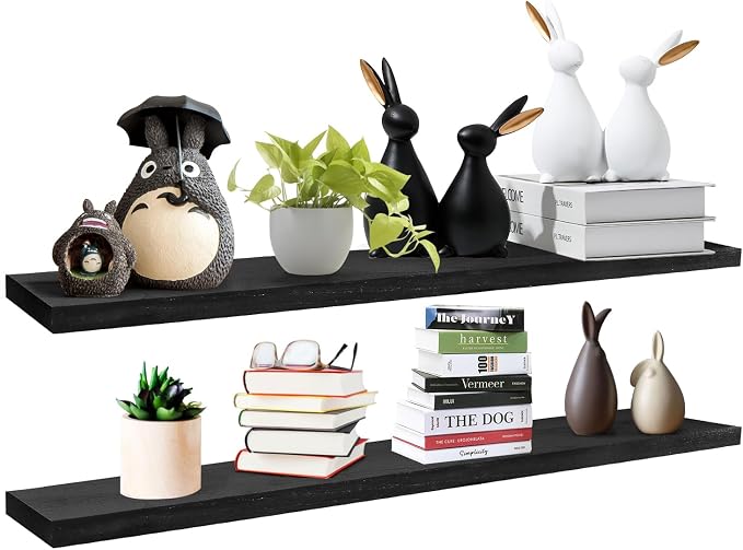 SAUMONIERES Floating Wall Shelves for Bedroom Bathroom Wall Mounted Solid Wood 36 Inches Long Shelf Set of 2, Black Floating Shelves