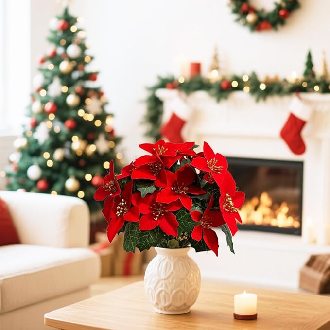 8 Pack 5 Heads Christmas Artificial Poinsettia Flowers Faux Poinsettia Bush Bouquets Silk Poinsettia Christmas Tree Ornaments Poinsettia Flower Arrangement for Home Decor