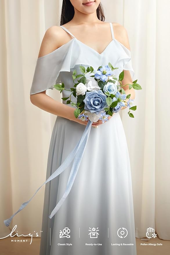 Ling's moment Bridesmaid Bouquet, Blue Wedding Bouquets for Bridesmaids, 7 Inch Bridal Bouquets for Bridesmaids, Wedding, Ceremony, Anniversary, etc.
