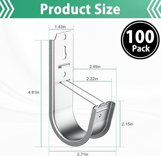 IRENPORU 100 Pack 2 Inch Cable Support J Hook Wall Mount J Hook with Retainer Clip, Galvanized Steel for Cable Management & Organization Solution