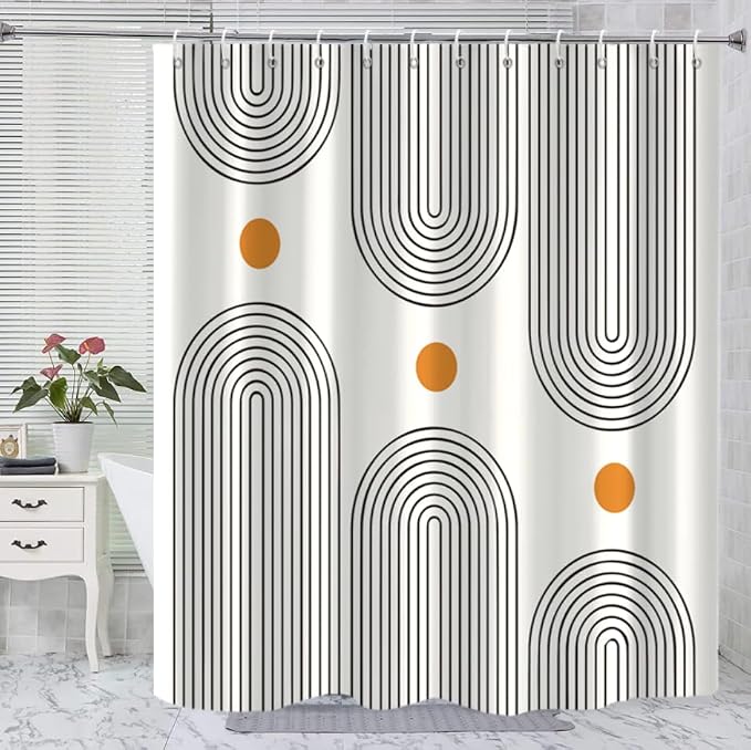 Boho Mid Century Shower Curtain, Modern Abstract Arch Sun Ivory Machine Washable Waterproof Polyester for Bathroom Decor Bathtub with 12 Hooks 72x72