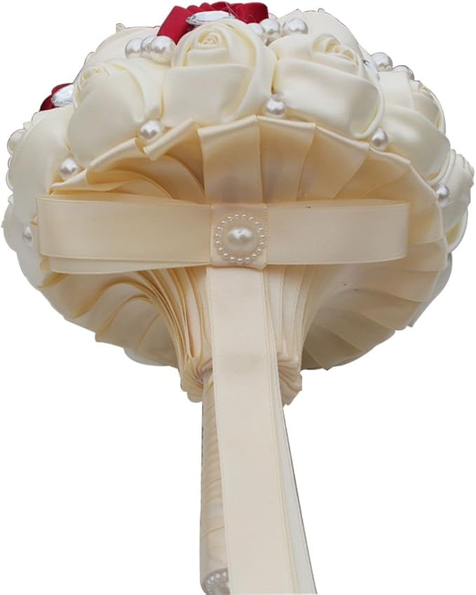 S_SSOY Customizable Romantic Wedding Bouquets Silk Flowers Bridal Holding Roses Bride Bridesmaid Bouquet with Pearl Crystal Ribbon Valentine's Day (Ivory+Wine Red)