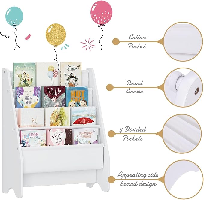 UTEX Kids Bookshelf Storage, Book Shelf for Kids Rooms, 4 Tier Sling Bookshelf for Kids, Toddler, Magazine Book Rack, Children Book Organizer, White