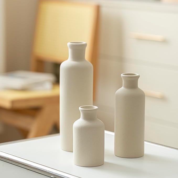 Modern Ceramic Vase Set of 3, Beige Colors, Decorative Bottles for Home, Farmhouse Rustic Decor, Housewarming Gifts, Wedding Gifts, Bridal Shower Gifts, Birthday Gifts for Women (Beige)