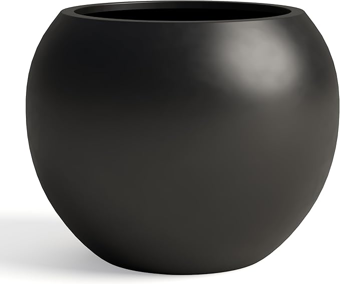 DTY Signature Mount Sherman Modern Indoor Outdoor Fiberstone Sphere Planter, Durable Round Garden Pot, Weather Resistant, Drainage Hole & Rubber Plug, Planter for Christmas Tree - Medium, Black