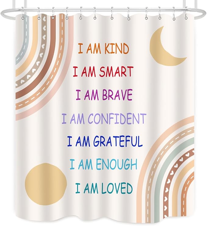 Boho Rainbow Quotes Shower Curtain Colorful Inspirational Positive Kids Teen Girls Abstract Moon Sun Fabric Home Bathroom Decor Waterproof Fabric 72Lx60W Inch with Plastic 12PCS Hooks