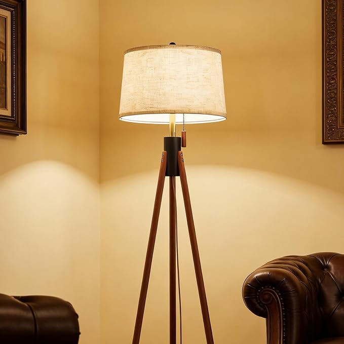 Mid Century Modern Tripod Floor Lamp, Gold Accented Two-Tone Solid Wood Floor Lamp with Black-Finished Solid Wood Center, Linen Shade & Pull Chain, Tall Lamp for Living Room Bedroom Reading Corner
