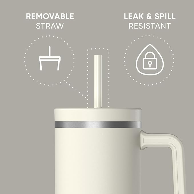 Hydrapeak Voyager 40 Oz Stainless Steel Tumbler with Handle, Insulated Water Bottle With Straw & Lid, Cupholder Friendly Reusable Travel Mug (Ivory)