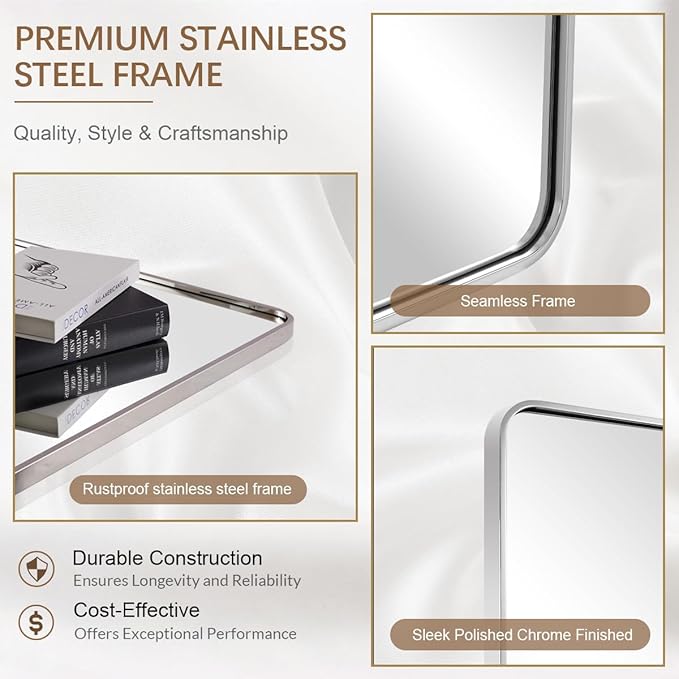 ANDY STAR 48x36 Inch Chrome Mirrors for Bathroom, Chrome Bathroom Vanity Mirror, Rounded Rectangle Mirror, Anti-Rust SUS304, Seamless Tube Metal Frame, 1’’ Deep Wall Mounted Vertically/Horizontal