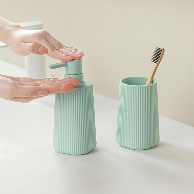 YAUKPH Bathroom Accessories Set 2 Piece Soap Dispenser and Toothbrush Holder for Bathroom Countertop Striped Green