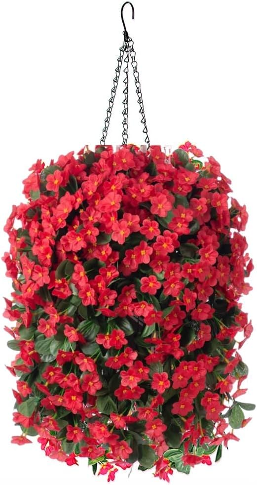 HyeFlora Artificial Fake Red Hanging Flowers Plants Basket for Outdoor Outside Winter Christmas Decor, Faux Silk Daisy Flower Look Real UV Resistant Orchid Vine Plant for Porch Garden Yard Patio Home