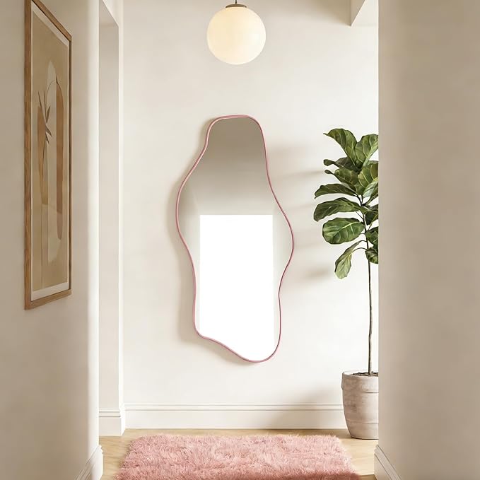Irregular Tempered Glass Mirror, 47.2"x24" Pink Asymmetrical Aesthetic Wall Mirror, Modern Organic Shape Frameless Mirrors for Entryway Bedroom Living Room, Horizontal or Vertical Hanging