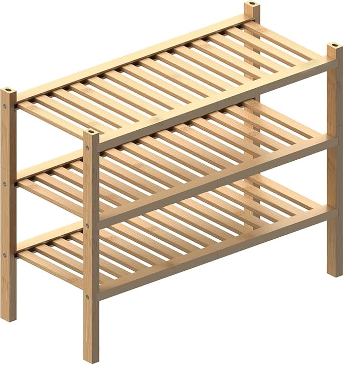 RONGJlA 3 Tier Bamboo Shoe Rack for Closet Free Standing Wood Shoe Shelf Storage Organizer for Entryway Small Space Stackable, Natural