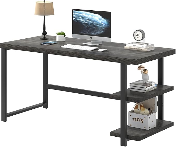FOLUBAN Home Office Desk, Modern Computer Desk with Storage Shelf, Wood Study Writing Gaming Table for Bedroom Living Room, Industrial Dark Gray, 53 Inch