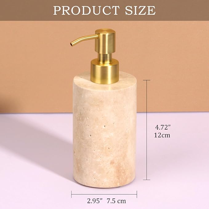 Natural Marble Soap Dispenser for Bathroom and Kitchen Countertop - 5.41 Ounces Hand Lotion and Liquid Stone Shampoo Laundry Bottle with Pump (1, Travertine, Cylindrical Bottle)