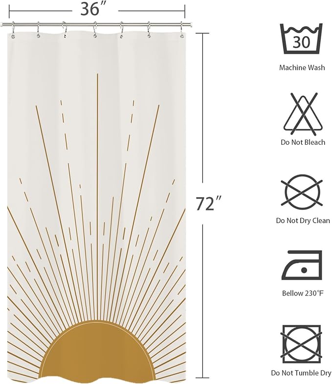 Miyotaa Stall Abstract Sun Shower Curtain Set 36Wx71H Inches Half Small Modern Minimalist Mid Century Aesthetic Sunburst Sunrise Simple Polyester Waterproof Bathroom Curtain with Hooks