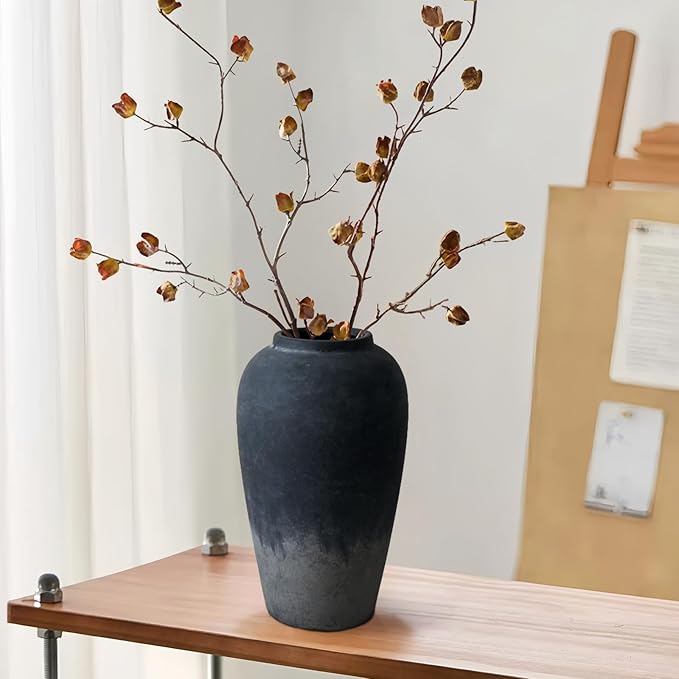 12 Inch Rustic Ceramic Vase, Black Flower Vases for Centerpieces, Farmhouse Decor for Living Room, Entryway & Kitchen, Vintage Pottery Vase for Wedding Gifts