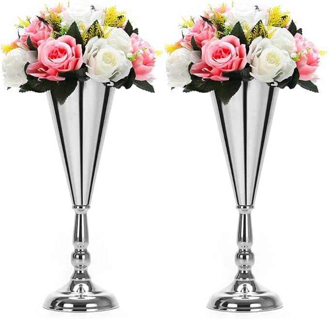 Set of 2 Tabletop Metal Wedding Flower Trumpet Vase Wedding Centerpiece Flower Vase for Wedding Event Decoration Living Decor Party Decor (Silver, 2×M)