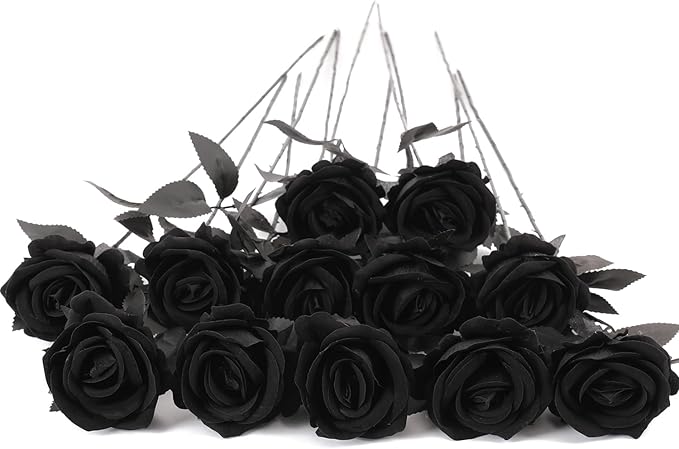 12Pcs Black Roses Artificial Flowers Fake Rose Faux Velvet Silk Flowers for Home Wedding Decoration (Pearl Roses, Pure Black)
