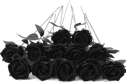 12Pcs Black Roses Artificial Flowers Fake Rose Faux Velvet Silk Flowers for Home Wedding Decoration (Pearl Roses, Pure Black)