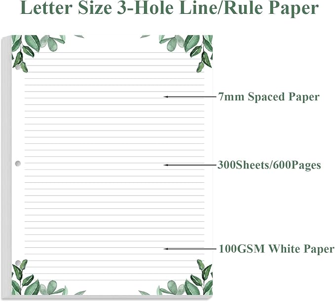 (3-Pack) Letter Size Lined Refill Paper, 3-Hole Punched Ruled Filler Paper, 300Sheets / 600Pages Loose-Leaf Line Paper, 100gsm White Paper, 8.5'' x 11'', Leaf
