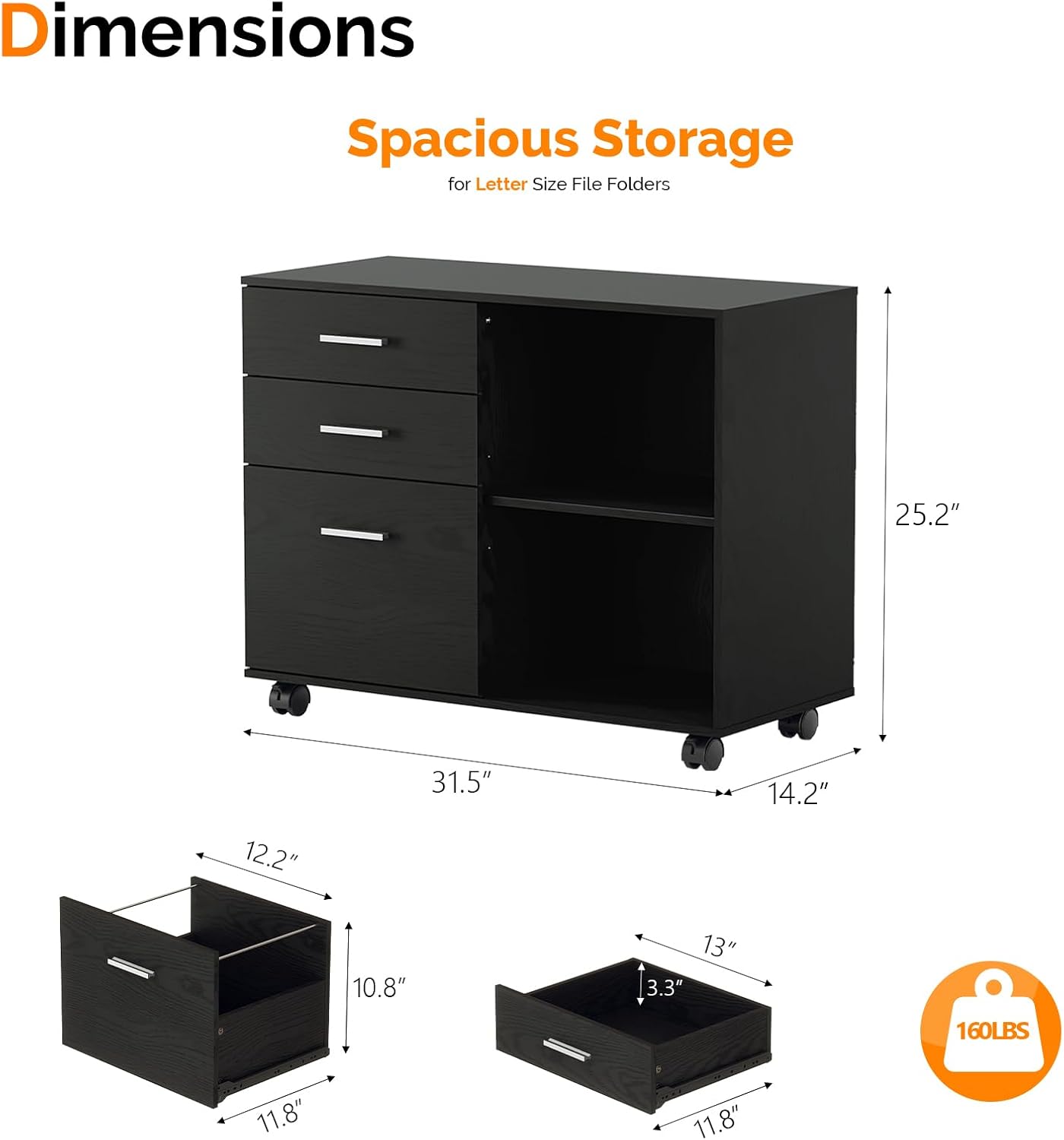 VINGLI 3 Drawer Wood Lateral File Cabinet - Adjustable Shelves & Locking Wheels | Sturdy Black Design for Home Office