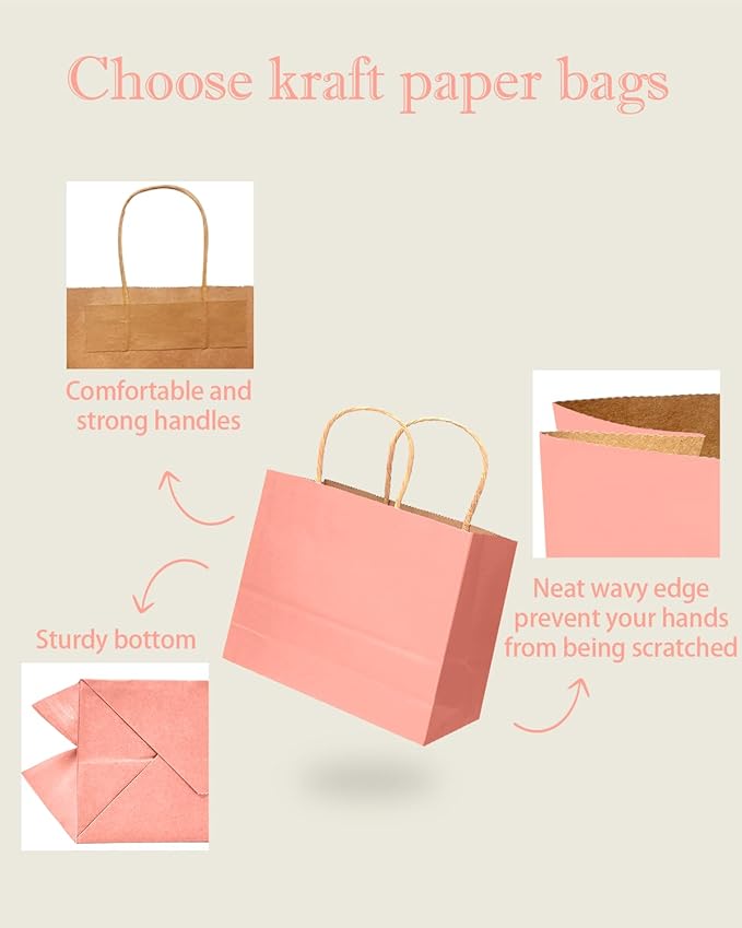 qiqee 13"x4.5"x10" Large Gift Bag with Handles Bulk 32PCS Gift Paper Bags Light Pink Bags Multiple Uses (Wide Large)