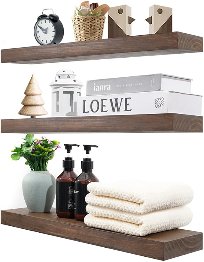 Wood Floating Shelves for Wall Set of 3, 22 Inch Rustic Floating Shelf Wall Mount, Solid Wooden Bathroom Floating Shelves for Kitchen, Bedroom, Living Room - Dark Walnut