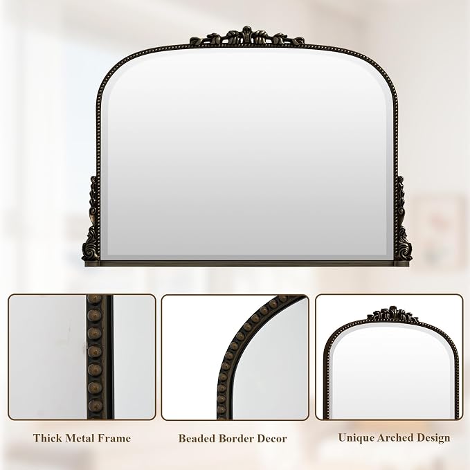 27"×36" Bronze Wide Arched Wall Mirror, Vintage Carving Bathroom Vanity Makeup Mirror, as Wall Decor Hanging Leaning for Fireplace Mantle, Living Room, Bedroom, Vanity Area