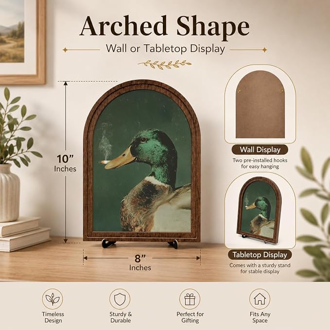 Wooden Sign with Stand Decoration, Mallard Duck Decor Arched Wood Frame Tabletop Decor, Funny Duck Retro Whimsical Print for Bedroom Living Room Desk Mantel Bookshelf Cabin Office