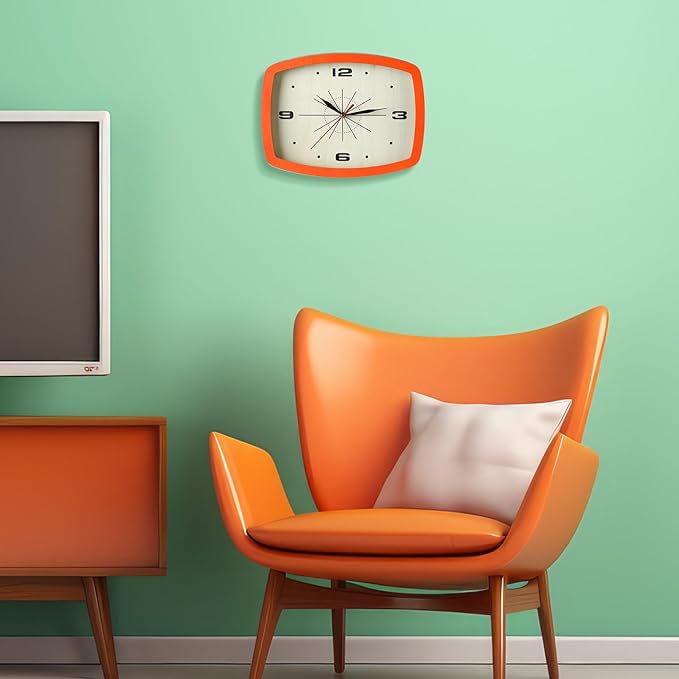 2 Pcs Retro Wall Clock ModernMid Century Decoration Silent Non Ticking Blue Orange 10 Inch Rectangular Retro Clock Battery Operated Vintage Wall Art for Living Room Office Kitchen Bedroom