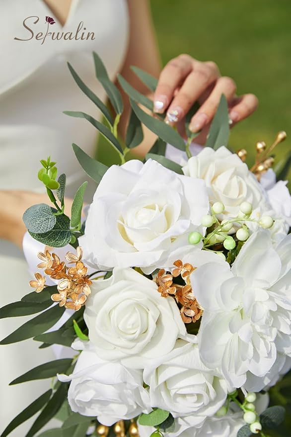 Serwalin 10 Inch Wedding Bouquets for Bride,Ivory Bridal Bouquet of Fake Flowers, Bridesmaid Bouquets for Wedding Ceremony Bridal Shower and Anniversary Day Decor