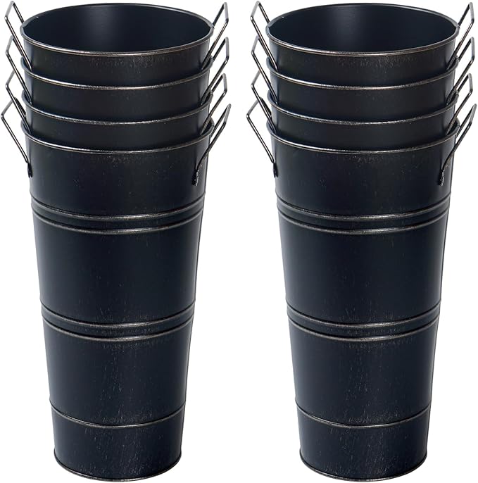 Notakia 10.62 Inch Galvanized Metal Vases Farmhouse French Flower Bucket Vases for Cut Flowers for Home Decor and Wedding Table Centerpiece Decorations (Medium Size Black 8Pcs)