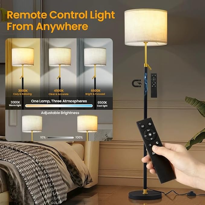 Floor Lamp for Living Room and Bedroom - 55"- 67" Height Adjustable Standing Lamp with 3 Color Dimmable 12W LED Bulb and Remote - Tall Stand Light with Shade for Corner Lighting ( Black & Gold )