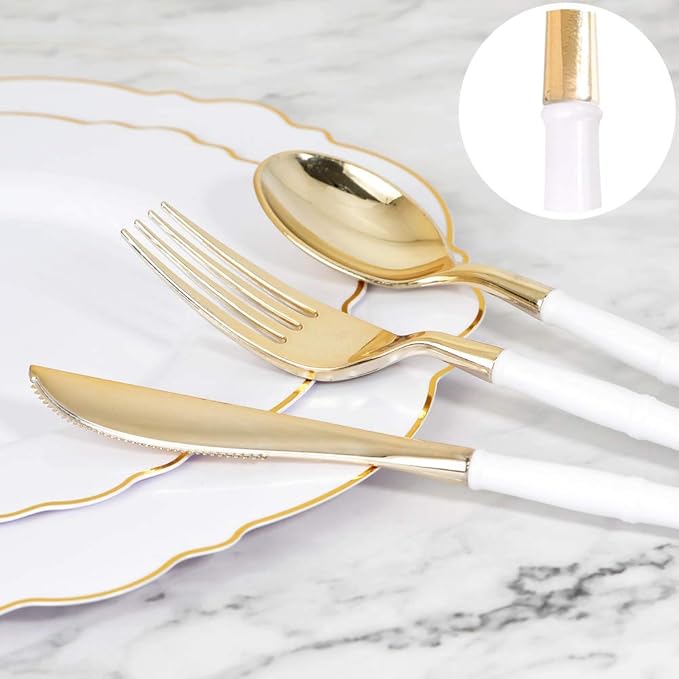 WDF 90Pieces Gold Plastic Silverware-Gold Plastic Cutlery with White Handle- Heavy Duty Thanksgiving Christmas Silverware Include 30Forks, 30 Spoons, 30 Knives for Parties