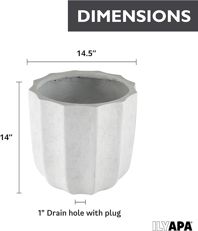 Ilyapa 14 Inch Tall Modern Concrete Planter - 14.5x14 Inch Outdoor/Indoor Plant Pots with Drainage - Cement Vase Planters for Plants, or Tree