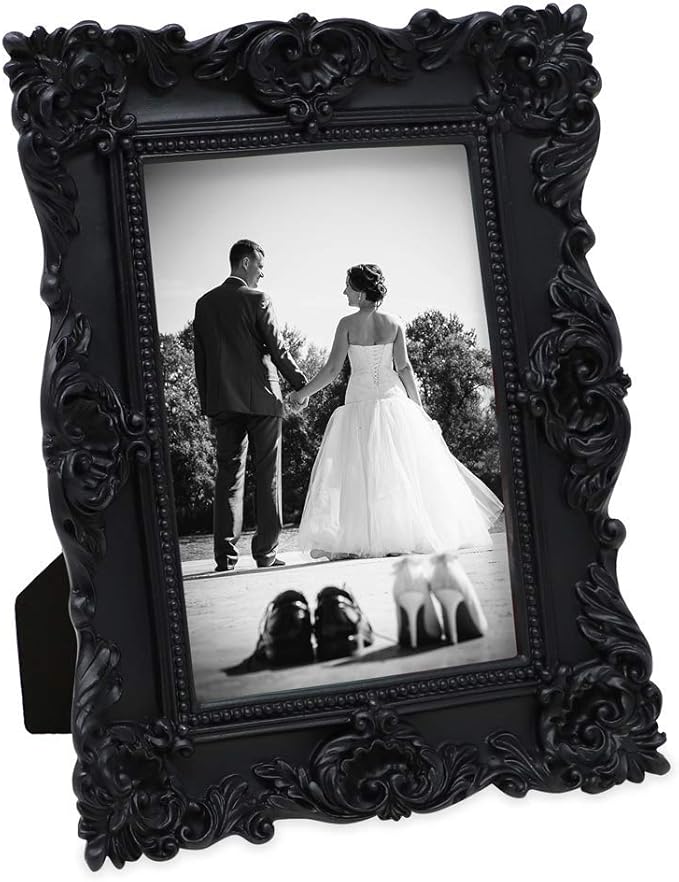 Laura Ashley 4x6 Black Ornate Textured Hand-Crafted Resin Picture Frame with Easel & Hook for Tabletop & Wall Display, Decorative Floral Design Home Décor, Photo Gallery, Art, More (4x6, Black)