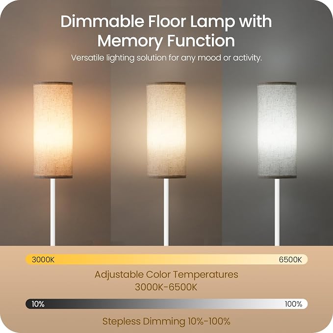 White Floor Lamps for Living Room with Remote and Foot Switch, 64.4” Modern Standing Tall Lamp, Dimmable Corner Lamp for Bedroom, Office, Bulb Included, 3000K-6500K, FCC Listed WW06LD05W1