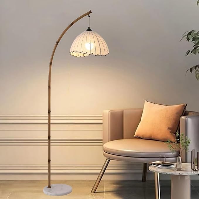Bamboo Floor Lamp, Mid Century Rattan Retro Standing Light with 3 Color Temperatures, Bohemian Style LED Tall Lamp for Living Room Bedroom Office