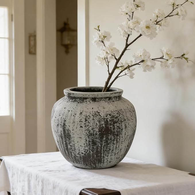 Oakrain Large Rustic Minimalist Vase, 11" Distressed Round Floor Vase for Home Decor, Farmhouse Centerpieces Planters for Living Room Indoor Outdoor Use, Gray