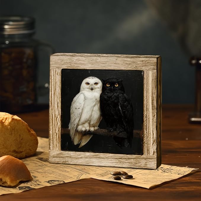 Vintage Owl Pair Wooden Desktop Sign, Dark Academia Owl Bird Wood Plaque Tabletop Decor, Gothic Woodland Wildlife Wooden Sign for Bedroom Living Room Office Shelf