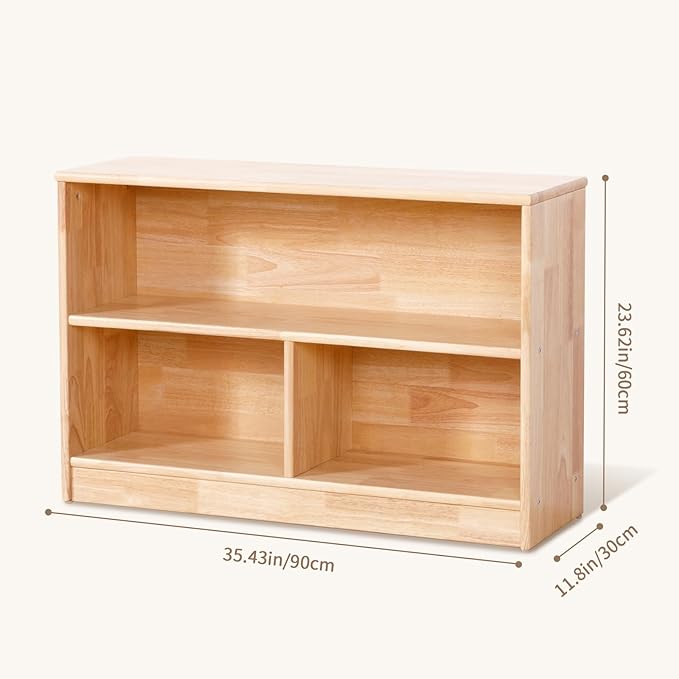 OOOK Rubber Wood 3-Compartment Wooden Storage Cabinet, 35.4" L, 2-Tier Toy Organizers and Storage, Montessori Shelf for Kids Room, Playroom, Nursery, Classroom, Kindergarten