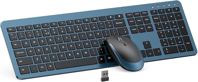 Wireless Keyboard and Mouse Combo - Full Size Slim Thin Wireless Keyboard Mouse with Numeric Keypad 2.4G Stable Connection Adjustable DPI, Black&Blue