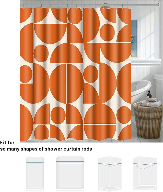 Vintage Orange Mid Century Modern Shower Curtain Boho Abstract Geometric Art Shower Curtains for Bathroom Decor 72x96 Inch 70s 80s Retro Washable Fabric Bathroom Set with 12 Hooks